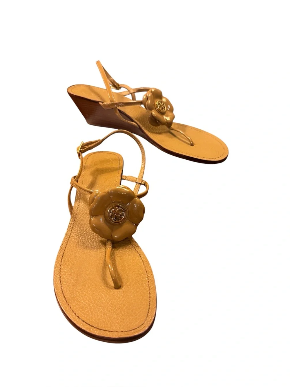 Tory Burch Shelby Flower Thong Wedge Sandals tan Leather gold Size 10.5 MSRP 328